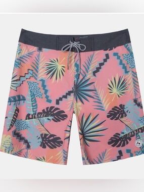 SURF CUZ MEN'S 9" TROPICAL PRINT 2-WAY STRETCH COTTON BLEND BOARD SHORTS LARGE